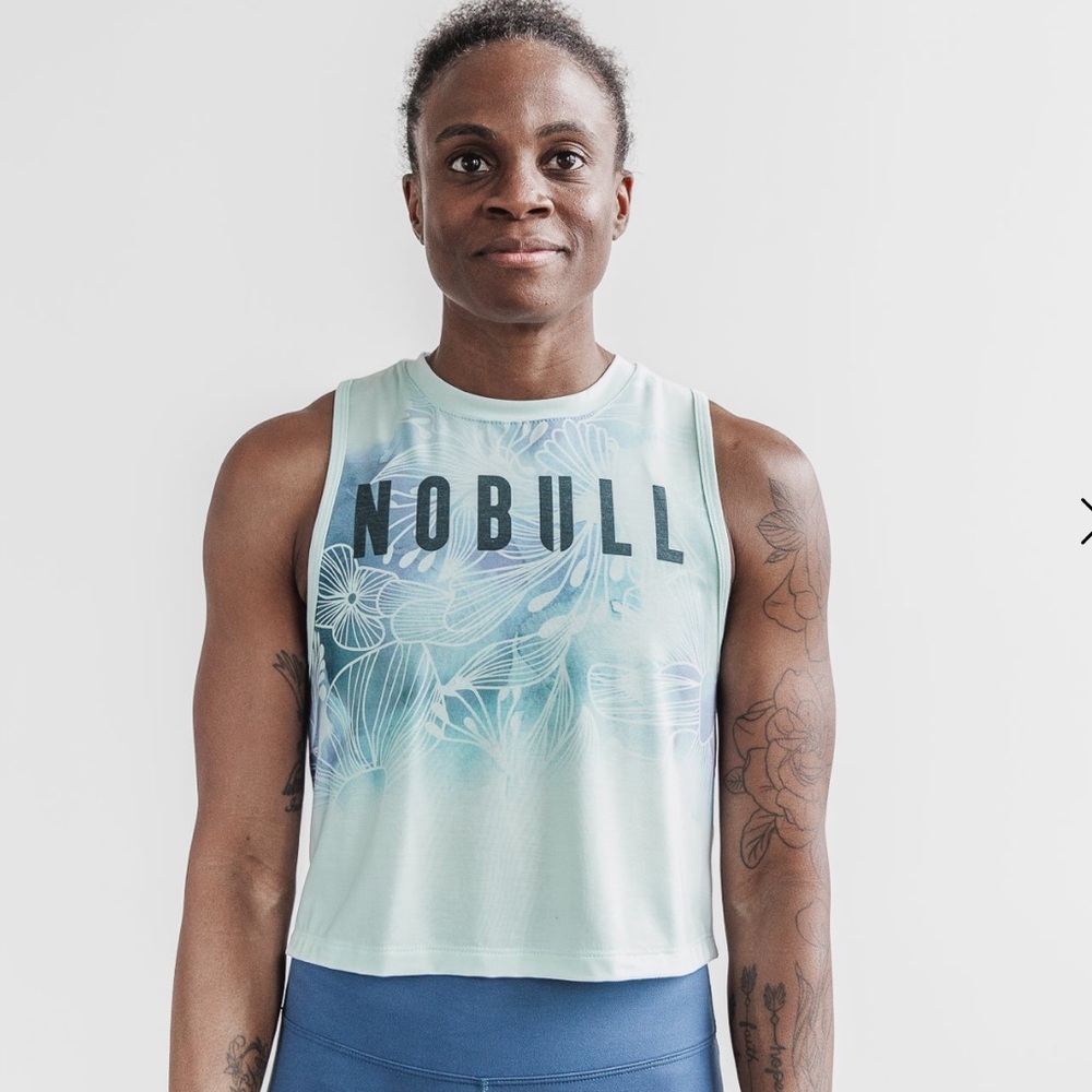 New Nobull Women's Floral Muscle Tank Crop Top Blue Mist Watercolor Floral M